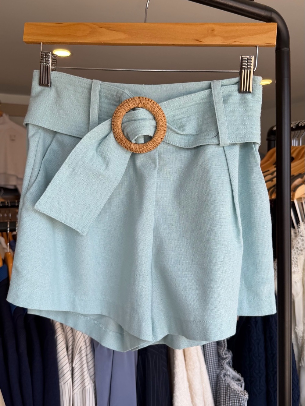 Lily Belted Denim Blue Linen Blend Shorts |GREYLIN
